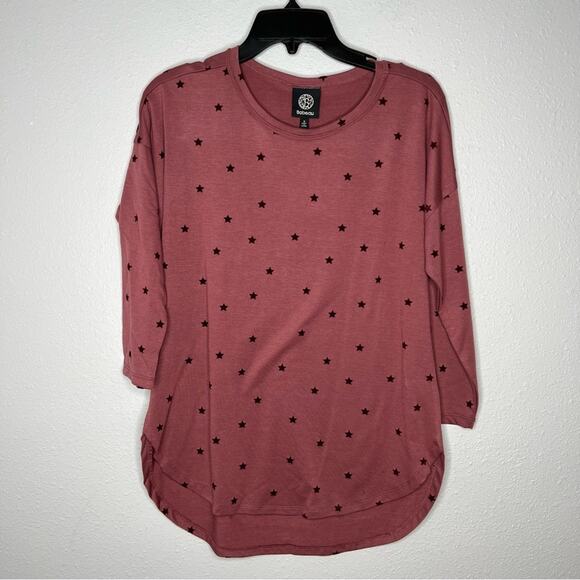 New Bobeau Brick Red Star Print 3/4 Sleeve Lightweight Tunic Sweatshirt size S - Picture 1 of 5